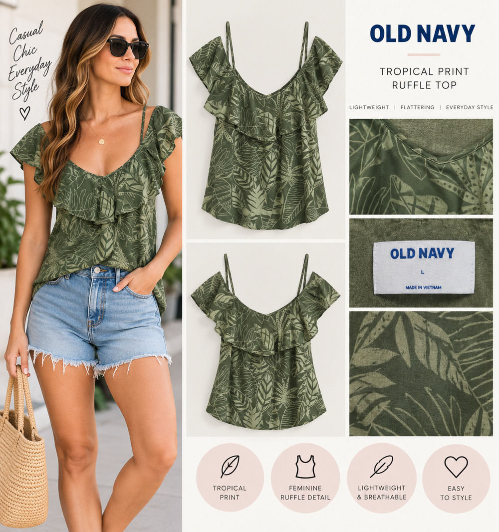 Old Navy Green Tropical Leaf Ruffle Top Size Large